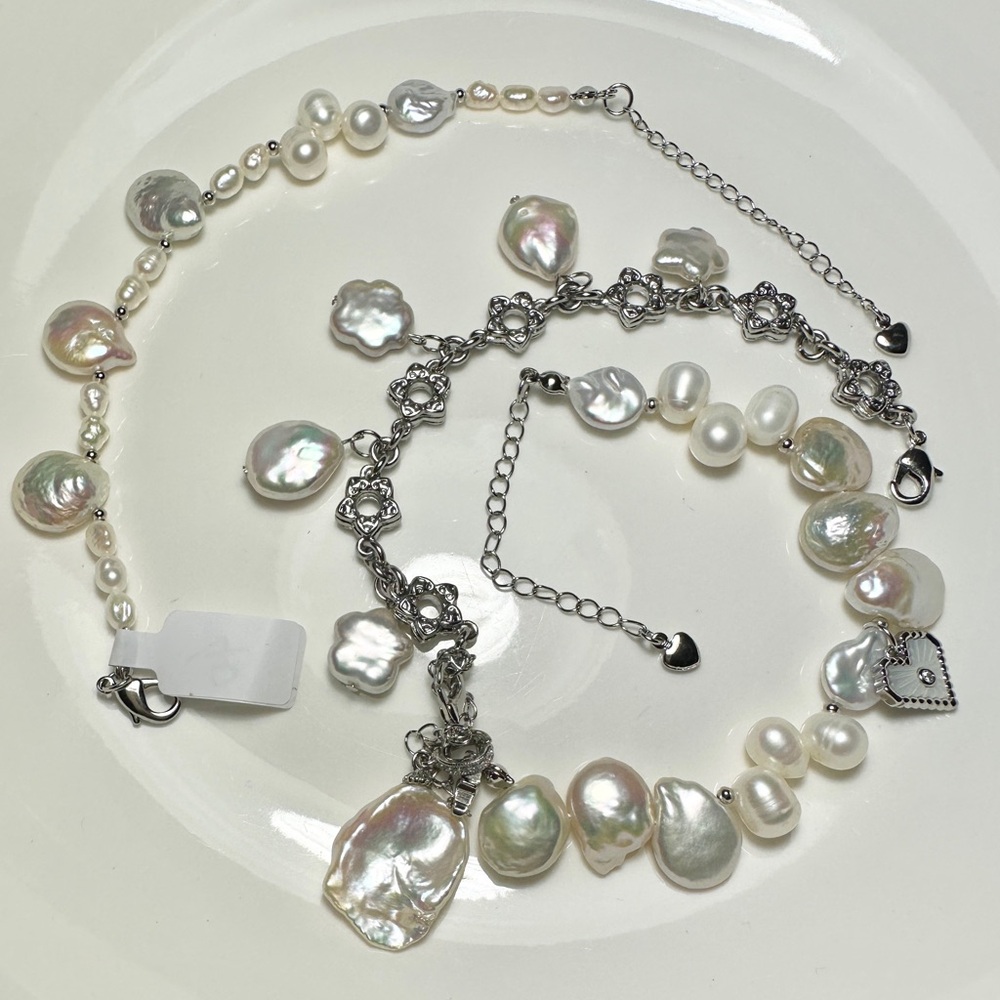 Lustrous Genuine Freshwater Keshi Pearl Necklace, or 3 Bracelets apart - Picture 3 of 5